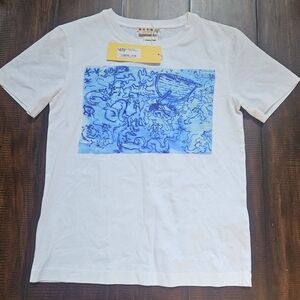 NWT Marni White Short-Sleeve Tee with Blue Graphic Panel With Tag